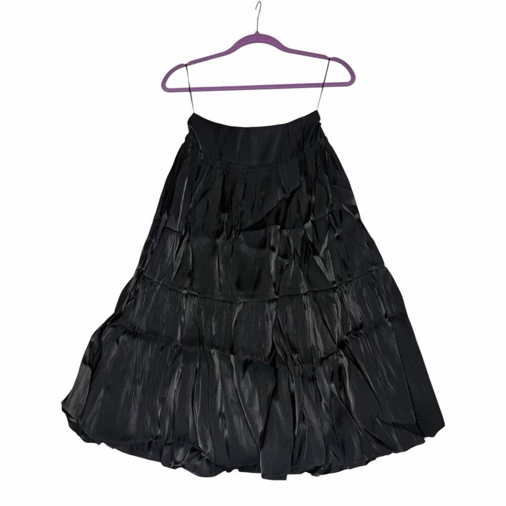 NEW‎ Halara XS Black Shiny Tiered Ruffle Midi Skirt Smocked Waist